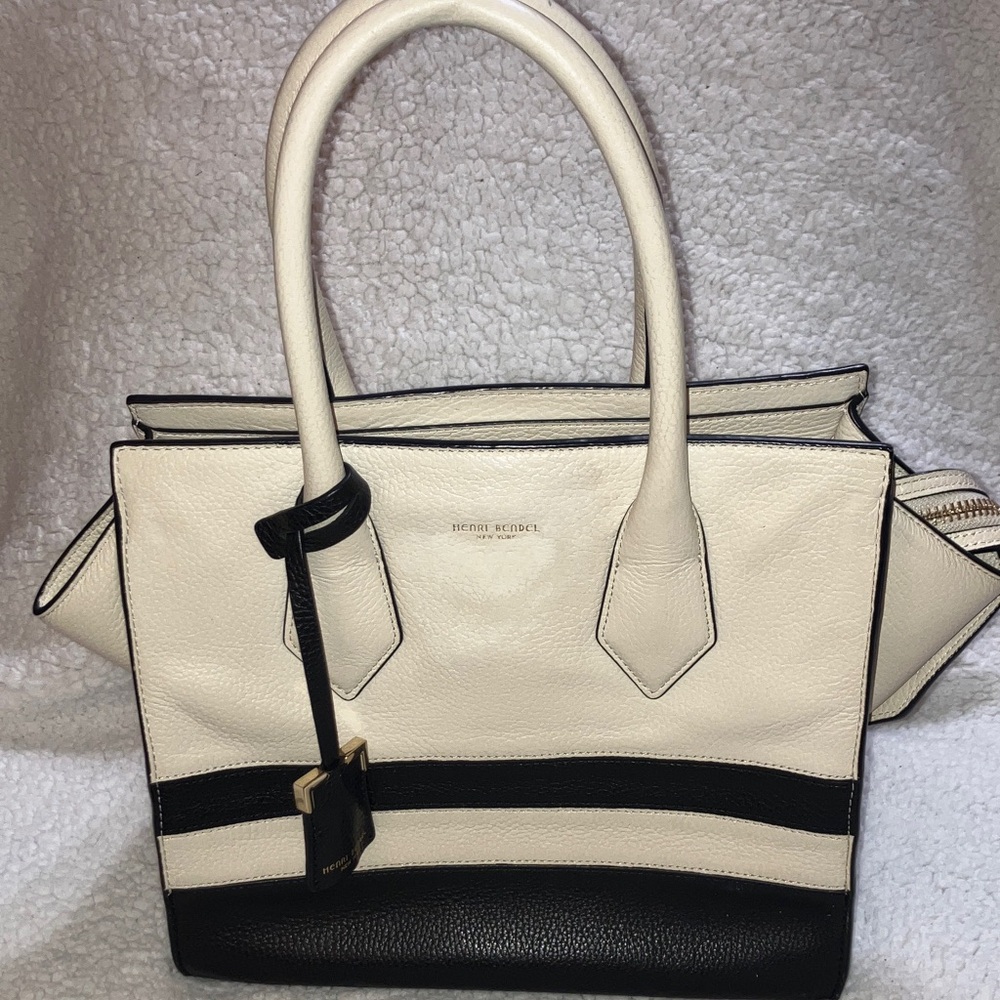 henri bendel Cream and Black Pebbled Leather Satchel